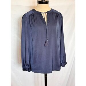 Vineyard Vines Savannah Popover Top Women Size S Navy Matte Satin Blue Tasseled